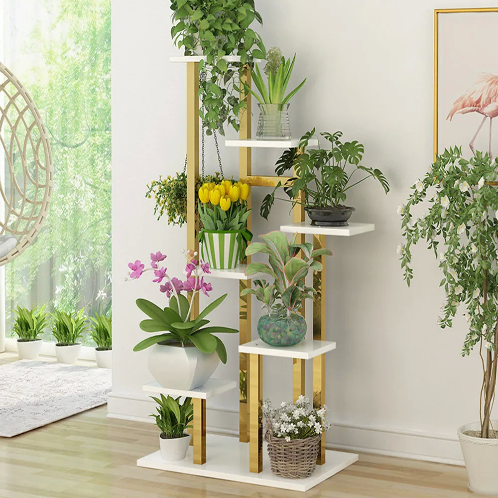 59.1" Tall Metal Plant Stand Indoor Modern 7 Tier Ladder Planter In Gold &  White