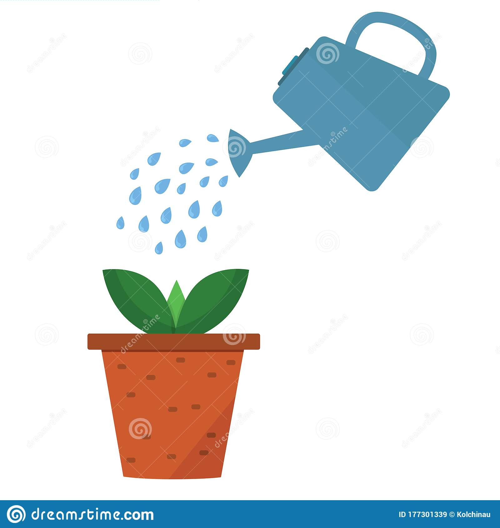 A Watering Can Waters A Young Plant In A Clay Pot Stock Vector