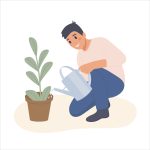 Gardening Illustration, A Guy With A Watering Can Waters A Home