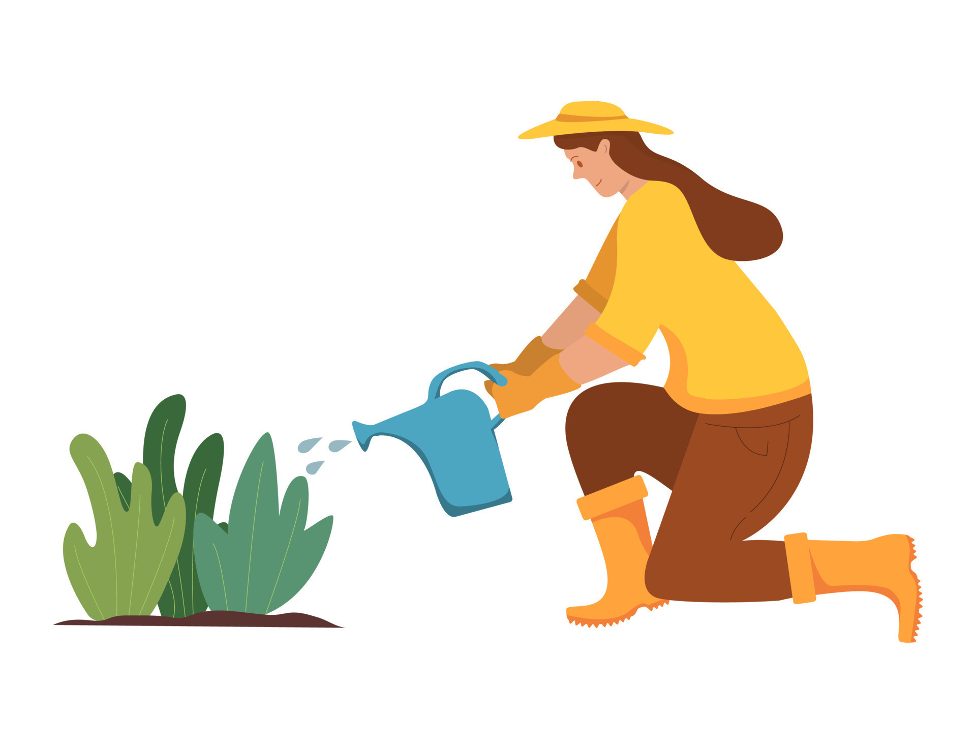 Woman Waters Plants From A Watering Can.agriculture Gardener Hobby