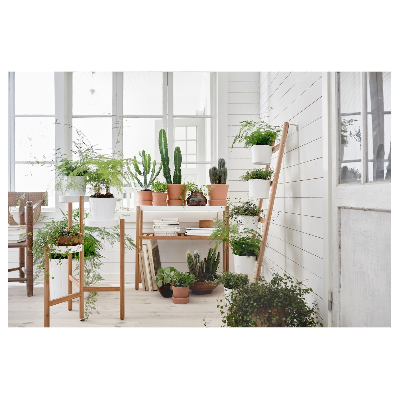 Satsumas Plant Stand With 5 Plant Pots – Bamboo/White 125 Cm